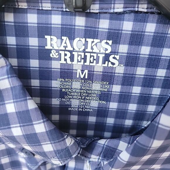 RACKS & REELS Button Up Shirt UPF 50 LENS CLOTH Men Sz M Blue Plaid Shrt Sleeve - Picture 3 of 7